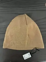 New Moschino 100% Wool Bear Gold Studded Beanie Hat Brown