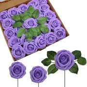 NNETM 25-Piece Realistic Purple Artificial Roses with Stems
