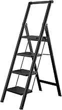 Folding Ladder Black 4 Step Ladder Carbon Steel Folding Step Stool with Non-Slip Wide Steps and Convenient Handles Home Kitchen Stepladder Short Ladder