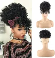 CHOOH Afro High Puff Hair Bun Ponytail Drawstring With Bangs Synthetic Short Kinkys Curly Pineapple Pony Tail Clip in on Wrap Updo Hair Extensions for African American Women (1B)