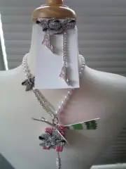 3pc BETSEY JOHNSON Sequin Gift/Shoe Faux Pearl Necklace & Shoe Dangle Earrings