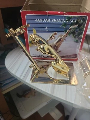 VNTG 3 Piece Brass Colored Jaguar Shaving Grooming Set Razor, Brush, Stand