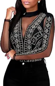 MAYFASEY Damen Sheer Mesh Tops Stretchy Langarm Transparentes Shirt Bluse Clubwear