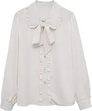 [Generic] Women's Turn Down Collar Long Sleeve Lace-Up Chiffon Blouse Business Casual Dress Shirts
