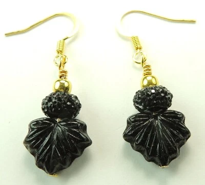 Czech Black Leaves & Sparkle Bead Dangle Drop Earrings Handmade Chic Jewelry