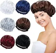 Colors Satin Lind Silky Sleeping Bonnets Shower Caps Curly Long Hair Protector Night Large Waterproof Adjustable Sleep Hats Hair Wraps for Women Men Girls 6 Pack (White+Royal Blue+Grey+Dark Brown+Wine Red+Black, One size)