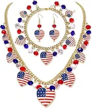 [YAHPERN] Patriotic Jewelry Set 4th of July Chunky Bead Pearl Choker Necklace American Flag Star Charms Bracelet Enamel Heart Drop Dangle Earrings for Women Independence Day Accessory Gifts