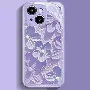 for iPhone 13 Mini Floral Case, Cute Colorful Oil Painting Flower Glossy Pattern Tempered Glass Phone Case Slim Fit Shockproof Protective Cover for Girls Women (Purple)