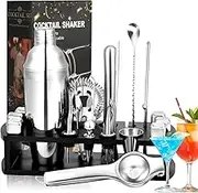 Xkimos 23pcs Cocktail Shaker Set, 304 Stainless Steel 24oz（750ml） Cocktail Shaker Bartender Bar Kit,Complete with Bamboo Stand,Professional Cocktail Set Gift Set for Bar, Party, Drink, Mixing&Home