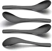 AYFDISHS Set of 4 Stainless Steel Soup Spoons - 6.3 Inch Heavy Duty Asian Soup Spoon for Ramen, Rice, Tea, and Milk, Short Handle Design, Dishwasher Safe, Black Chinese Table Spoons