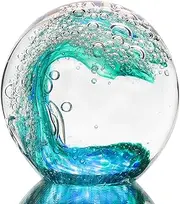 Quligeta Art Glass Ocean Waves Ball Paperweight Home Decoration (Green Blue)