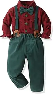 [ROYLAMP] Infant Baby Christmas Gentleman Outfits Long Sleeve Plaid Tops + Strap Long Pants Boys Xmas Clothes Sets