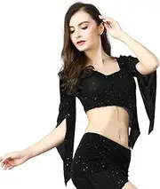 [ROYAL SMEELA] Sexy Tops for Women Belly Dance Costume Half Sleeve Short Tops Dance Yoga Exercise Outfit Purple Black Short Soft Dancing Top Top