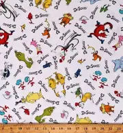 Cotton Celebration Dr. Seuss Books Characters White Fabric Print by Yard D659.59