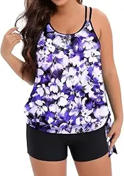 [Holipick] Women Plus Size Two Piece Tankini Swimsuit Tummy Control Bathing Suits Blouson Tankini Top with Boy Shorts, Purple Flower, 22 Plus