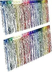 Mikinona Metallic Tinsel Fringe Rainbow Table Skirt Set 2pcs Unicorn Theme for Party Wedding Decor