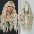 Long Wavy Ash Blonde Wig with Curtain Bangs Heat Resistant Fiber Layered Synt...
