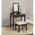 Espresso 3 pc Vanity Set Mirror Wooden Table Stool Makeup Drawer Bedroom Desk