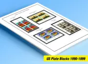 COLOR PRINTED US PLATE BLOCKS 1990-1999 STAMP ALBUM PAGES (119 illustr. pages)