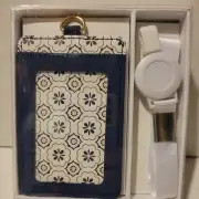 Lanyard and Retractable Vertical Badge ID Holder Navy/white FLORAL Geometric