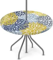 Fitted Round Tablecloth with Umbrella Hole and Zipper Spring Floral Outdoor Elastic Table Cloth 36"-44" Oil-Proof Waterproof Yellow Navy Chrysanthemum Patio Table Cover for Picnic Party