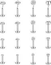 [Kakonia] 16G Tragus Nose Studs 316L Stainless Steel Lip Labret Medusa Piercing Bar Silver Gold CZ Round Ball Cartilage Lobe Earring Push In Flat Back Piercing Jewellery For Women Men 16Pcs 6mm 8mm