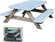Picnic Table Cover and Bench Covers, Fitted Tablecloth with Elastic Edge, Waterproof, Blue & White, 3 Pieces Set, 96x30 Inch