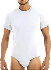 [FEESHOW] Men's Short Sleeve Tops Basic Turn-Down Collar Shirt Bodysuit Leotard Unitard