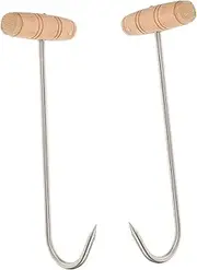 2pcs Butcher Hook Meat Turner Hook T Handle Hook Grilling Shop Meat Hooks Meat Processing Hooks Kitchen Meat Hook Handheld Meat Hook Barbecue Meat Flipper Barbecue Accessory Wood