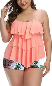 [Generic] Metallic Bikini for Women Layered Flower Print Sexy Top Flat Corner Shorts Bikini Set Bikini Smocked (White, XL)