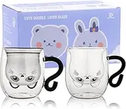 Cute Cat Mugs Set of 2 Cute Cat Tea Coffee Cups with Handle 8.5oz Milk Cup Double Wall Insulated Glass Espresso Cups Glass Personal Birthday Valentine's Day and Office Gift (2 Pack, White Black)