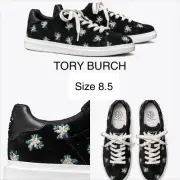 NEW TORY BURCH SZ 8.5 HOWELL COURT SUEDE SNEAKERS BLACK LEATHER DAYBREAK DITSY