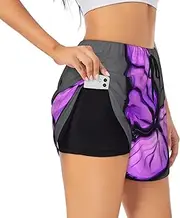 [GaxfjRu] Purple Butterflies Print Women's Running Shorts High Waisted Running Shorts Pocket Sporty Gym Elastic Short, Black, M