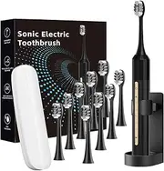 Sonic Electric Toothbrush with 10 Brush Heads for Adults and Children, Up to 30 Days on a Single Charge, 5 Modes, Built-in 2-Minute Smart Timer, IPX8 Waterproof Electric Toothbrush（Pure Black)