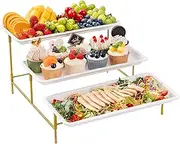 Lifewit 3 Tiered Plastic Serving Tray for Party Entertaining, 36×17cm Serving Food Display Platters, Reusable Trays with Collapsible Stable Metal Stand for Veggie, Fruit, Cookies, Dessert, Gold
