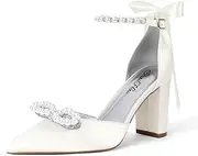 [Mofri] Wedding Shoes for Bride Pointed Toe Pearl Dress Heels Bridal Shoes Satin Prom Party Wedding Pumps Sandals