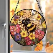 Bee Wildflower Glass Suncatcher,Bee Stained Glass Ornament,Honeybee Gift