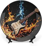Electric Guitar Ceramic Decorative Plates, Ceramic Decorative Plates for Display, Boho Style Dinner Plate with Display Stand, China Plate for