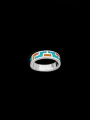 925 Sterling Silver Tetris Ring - Tribal Band with Turquoise and Coral Accents
