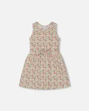 Deux par Deux Girl's Printed Ribbed Dress With Waist Tie Small Flowers On White Background at Nordstrom,