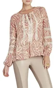 NEW BCBG MAX AZRIA CERISE PRINTED SILK PEASANT TOP JNL1Q777/AS318 SIZE XXS