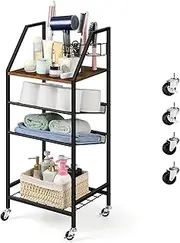 4 Tier Bathroom Shelf Organizer with Hair Dryer Holder, Rolling Storage Cart with Wheels, Slim Bathroom Floor Storage Cabinet for Towels, Skin Care, Brush, Rustic Brown