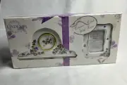 Linden Ceramic Quartz Mantle Clock & Matching Picture Frame Purple Pansies NEW