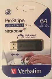 Verbatim PinStripe 64 GB USB 3.2 Gen 1 flash Drive. new in Packag 2 Available