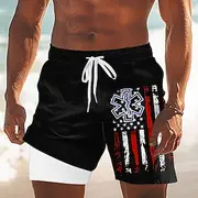 Independence Day Men's US Flag Patriotic Fourth of July Lined Shorts 2 in 1 Board Shorts Swim Trunks Mid Waist Holiday Side Pockets With Compression Liner Elas