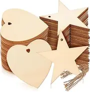 Anneome 100Pcs Wooden Present Tags Decorative Crafting Tags with Pre Punched for DIY Projects Christmas Decorations and Unique Present Labeling Star and Heart Shapes