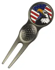 Golf Divot Repair Tool w/ Magnetic Ball Mark Marker Silver Eagle USA Flag NEW