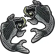 GK-O 2 Pcs Koi Fish Japanese Sew Iron On Patches Embroidered DIY Applique Black Carp