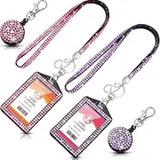 Rhinestone Lanyard Bling ID Card Holder 2 Sets Crystal ID Card Holder Retractable Diamond Lanyards for ID Badges (Vertical Style, Pink, Purple)