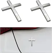 DXNQ 2 PCS Metal Jesus Christ Cross Badge Stickers, 2.5"×1.8" Alloy 3D Individual Car Cross Sticker, Self Adhesive Scratch Covering Metal Cross Car Emblem Decal for Car Body Fender Tail (Silver)